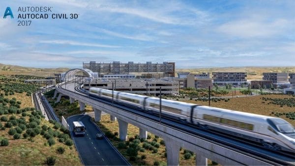 A computer-generated image showcases a futuristic transportation system, crafted with precision using AutoCAD Civil 3D 2017. It features a high-speed train on an elevated track and a bus navigating the road below, all amidst buildings and greenery in a modern, sustainable urban setting.