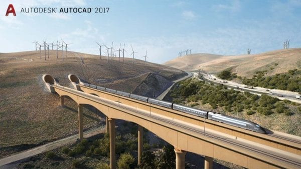 A modern high-speed train cruises along an elevated track through a hilly landscape dotted with wind turbines, under a clear sky. Sparsely vegetated terrain adds depth to the scene, complemented by the Autodesk AutoCAD 2017 logo—a nod to the best tips for Civil 3D productions.