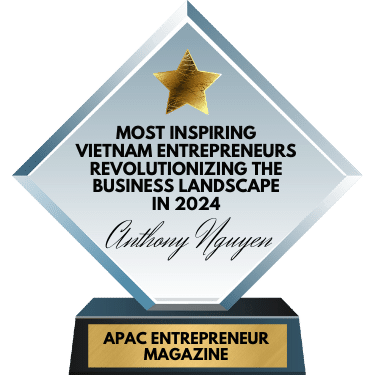 A crystal award with a gold star on top celebrates "Most Inspiring Vietnam Entrepreneurs Revolutionizing the Business Landscape in 2024, Anthony Nguyen," who stands out even in fields like civil engineering outsourcing. The base reads, APAC Entrepreneur Magazine.