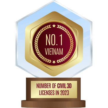 A hexagonal award with a gold and red emblem reads No. 1 Vietnam at the center, celebrating excellence in civil engineering outsourcing. Below, the base text states Number of Civil 3D Licenses in 2023, while laurel accents enhance its prestigious design.