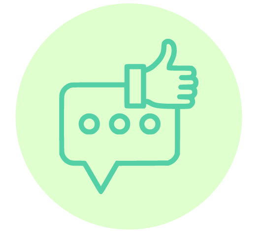 A green speech bubble with three dots is overlapped by a thumbs-up icon inside a light green circle, symbolizing approval or positive feedback.