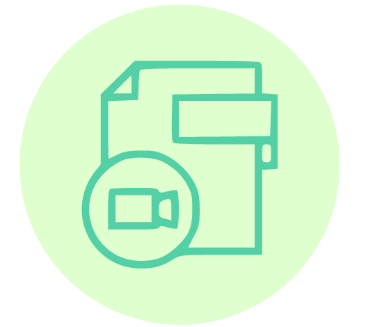 A green, minimalist icon of a document with a video camera symbol on it, set against a light green circular background.
