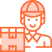 Icon of a construction worker wearing a hard hat and holding a building plan or blueprint. The image is in a minimalist orange style.