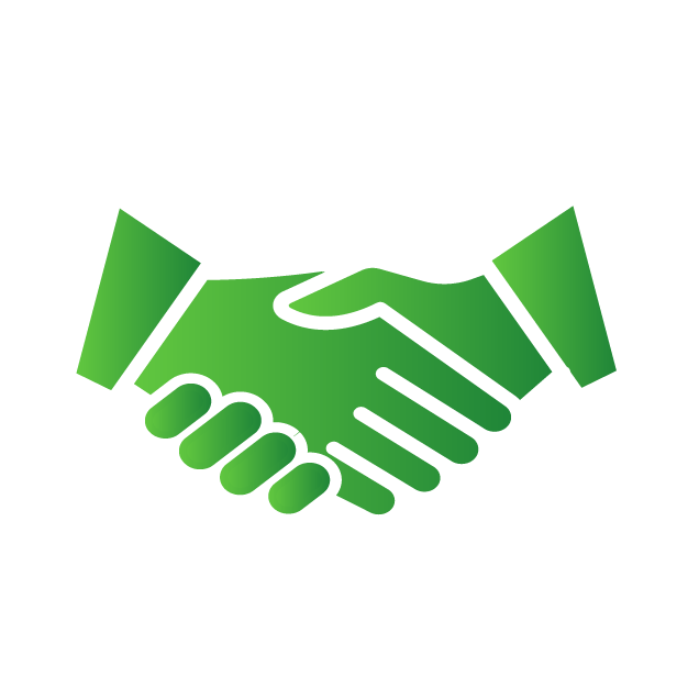 Green, stylized handshake icon on a blue background, representing cooperation or agreement.