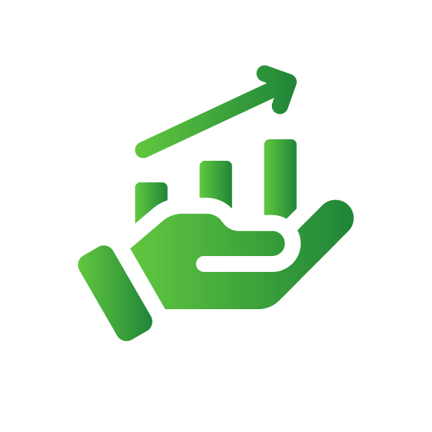 Green icon of a hand holding an upward-pointing bar graph. The design symbolizes growth or progress.