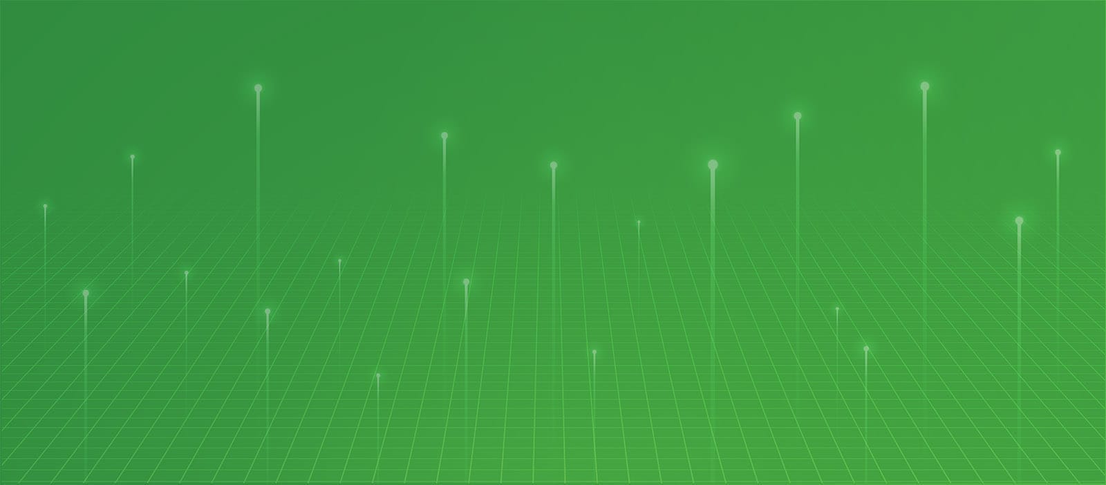 A digital green grid pattern with vertical glowing lines extending upwards, resembling a futuristic or technological interface.