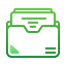 A green outline icon of an open file folder with three documents inside. The folder has a folded corner on the bottom left.