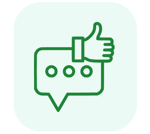 A green outline of a speech bubble with three dots inside, combined with a thumbs-up symbol, on a light background.