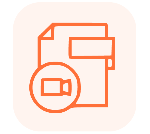 Icon depicting a stylized document with a video camera symbol overlaid in orange, placed on a light pink background.