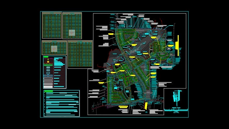 The architectural blueprint for Mitchell Mill Development showcases a complex layout of buildings and infrastructure. With labeled sections, various colored lines, and annotations, it emphasizes sustainable infrastructure design. Additional charts are provided on the side for further reference.
