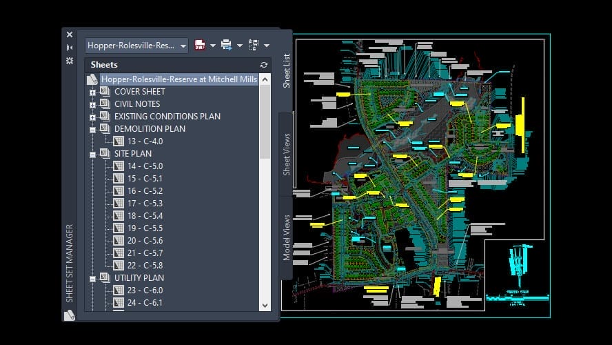 Screenshot of a CAD software interface displaying a detailed architectural or engineering layout. The left panel lists multiple sheets, including cover sheet and site plans for the Mitchell Mill Development, while the main area shows a complex drawing with various colored lines and shapes.