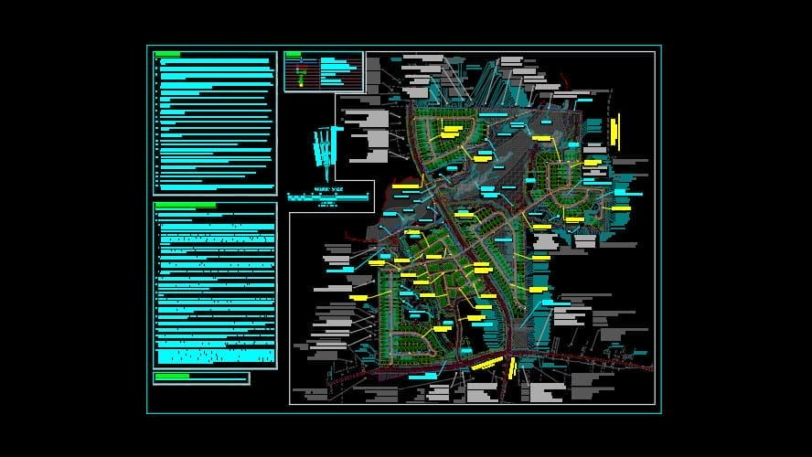 A detailed technical blueprint titled Mitchell Mill Development with various colored annotations and line drawings on a black background, showcasing designs of interconnected structures, roads, and plots. The layout reflects a focus on sustainable infrastructure design, surrounded by text and measurement notes.