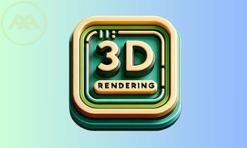 A colorful, layered square icon featuring the words 3D RENDERING in bold letters. This design, inspired by AXA Engineers, has a three-dimensional, stylized look with shades of green, yellow, and orange against a gradient blue background.