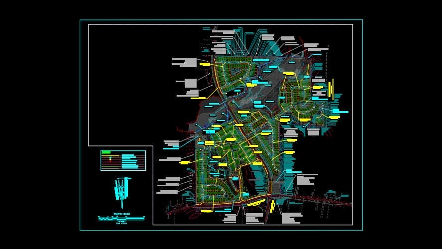 A colorful architectural site plan for Mitchell Mill Development is displayed on a black background, showcasing a detailed layout with various labeled sections in blue, yellow, and green. A small legend at the bottom left corner provides key information about the sustainable infrastructure design.