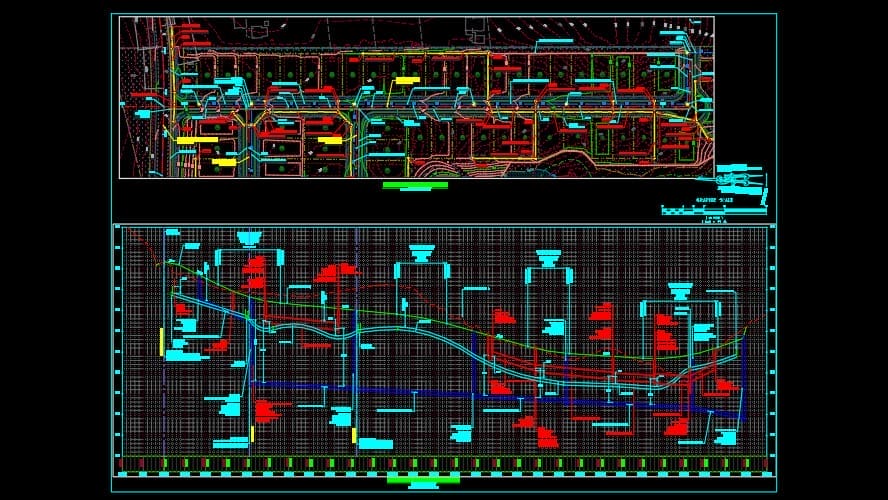 A complex technical schematic depicting circuit layouts for sustainable infrastructure. The image is divided into two sections with intricate designs, featuring a variety of colored lines, symbols, and grids on a dark background, illustrating electrical or engineering plans within the Mitchell Mill Development.
