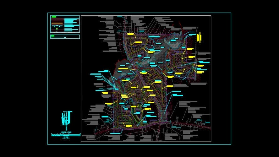 A complex blueprint showcasing the Mitchell Mill Developments sustainable infrastructure design. Various color-coded lines and shapes represent different utilities and geographic features, with annotations and legends visible on the left side.