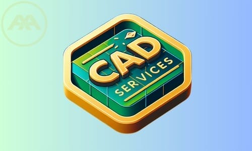 The 3D hexagonal logo for AXA Engineers boasts bold yellow letters spelling CAD SERVICES against a green and blue backdrop. Stylized design tools elegantly anchor the corners, symbolizing precision and innovation.