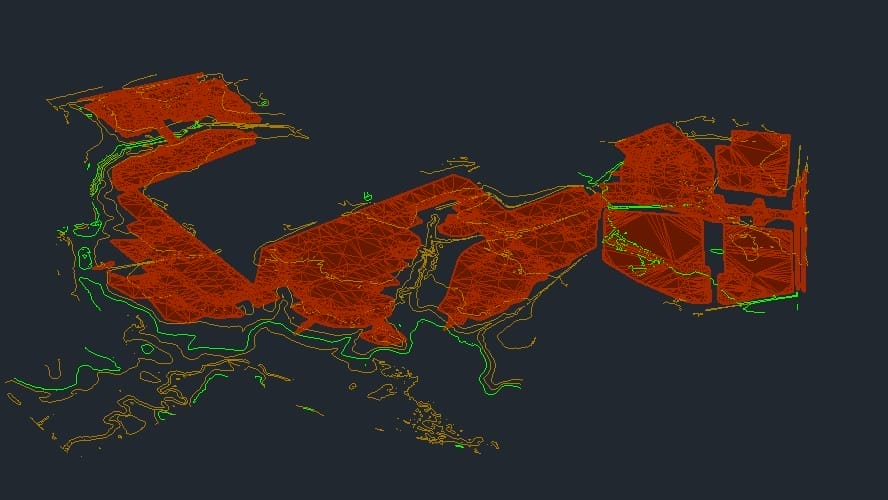 A digital topographic map, resembling a blueprint, showcases a development strategy with overlapping red, green, and yellow lines. These lines form irregular shapes against a dark background, creating a balanced design that mirrors the intricate layout of beachside terrain.
