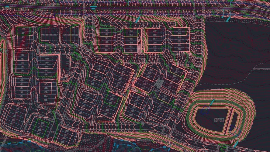 Aerial view of Mitchell Mill Developments topographic map showcasing residential area layout. The image features colored contour lines, roads, and rectangular plots, reflecting thoughtful infrastructure design. Paths and natural terrain are depicted with varying line thickness and color intensity.