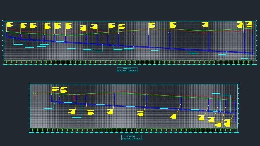 Two technical diagrams on a dark background, featuring blue, yellow, and red lines with grid lines, artfully depict the Envisioning Balance approach. Each diagram includes numerical markers and annotations, possibly representing an engineering or architectural plan.
