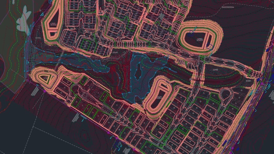 A detailed topographic map with colorful lines and patterns depicts roads, plots, and various land elevations. It features complex layouts including Mitchell Mill Development, showcasing sustainable infrastructure with a central waterway and numerous interconnected paths and spaces.