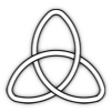 A triquetra symbol with a black outline and a 3D effect. It consists of three interlaced loops forming a symmetrical triangular shape. The design is simple, with a continuous, flowing line. The background is white.