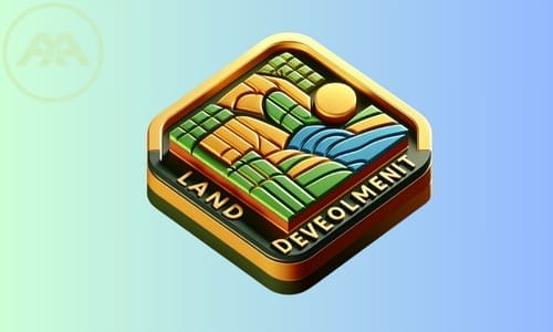 A 3D badge with geometric shapes depicts a landscape in orange, green, and blue hues. The hexagonal badge features Land Development in gold letters on a black border, accentuated by the words AXA Engineers, all set against a gradient background.