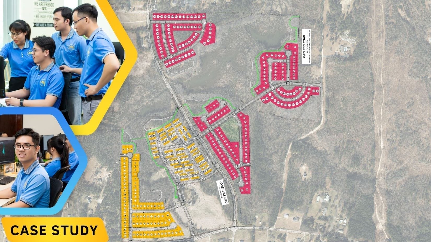 A map illustrates a land distribution plan, featuring colored sections for Mitchell Mill Development. On the left, people in blue shirts gather around a computer screen. A Case Study label is in the bottom left corner, highlighting sustainable infrastructure design.