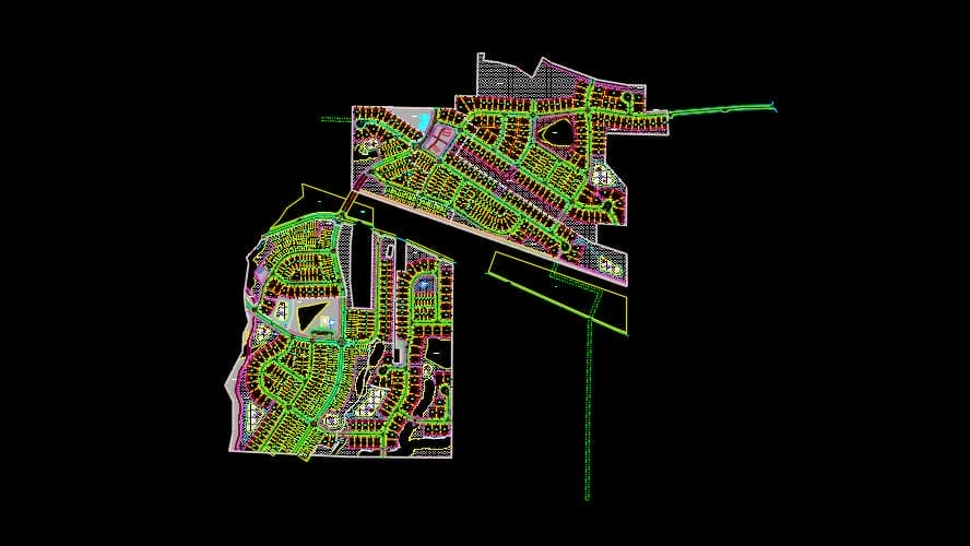 The detailed architectural site plan showcases a harmonious blend of colorful lines and patterns on a black background, depicting roads, plots, and possibly buildings or infrastructure. Commissioned by Robertson Development, it reflects engineering harmony in every aspect.
