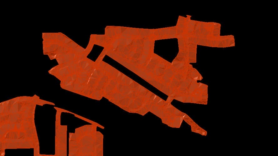 An abstract, fragmented shape in bright red on a black background, resembling a complex, organic structure with jagged edges and irregular forms—like an intricate design from Robertson Development capturing natures chaotic beauty.