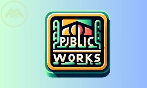 A colorful, modern logo featuring the words Public Works in stylized letters by AXA Engineers. The design incorporates geometric shapes and patterns in shades of green, yellow, and orange against a gradient blue-green backdrop, showcasing a harmonious blend of creativity and engineering.