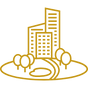 A stylized yellow line drawing of a cityscape features three skyscrapers of varying heights, surrounded by trees and circular pathways, showcasing the innovative vision of AXA Engineers.