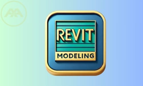 A logo featuring a blue square with a golden border. Inside, the word REVIT appears in bold, gold letters above MODELING on a teal background with horizontal lines. The background transitions from green to blue, embodying the innovative spirit of AXA Engineers.