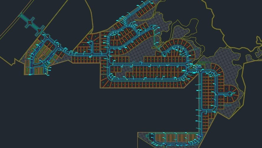 A strategic blueprint of a road network showcases a complex grid of streets. The map includes curved and straight sections, highlighted in blue against a dark background, with brown and green areas representing plots or zones, balancing urban planning with natural landscapes.