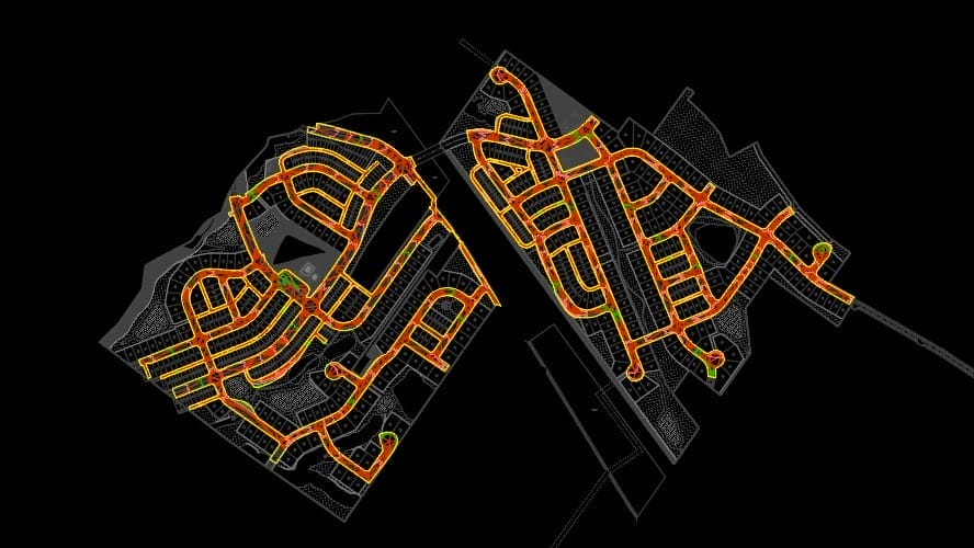 A digital map illustrating two adjacent neighborhoods with streets highlighted in orange and red on a black background. Green circle markers pinpoint key intersections or locations, embodying the concept of Engineering Harmony amid evolving urban Landscape.