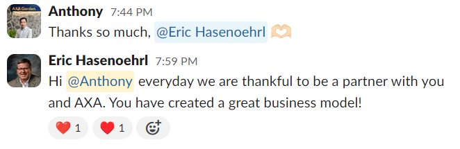 A chat exchange shows Anthony thanking Eric Hasenoehrl with an emoji, and Eric replying with gratitude for partnering through Keltic Engineering and AXA Engineers. He compliments the innovative business model. Heart and thumbs-up emojis are below the messages.