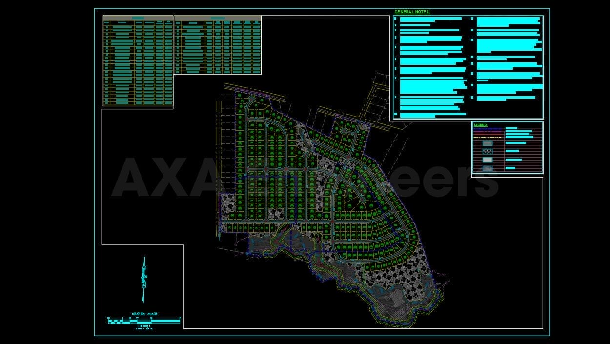 Civil Engineering Outsourcing A complex architectural blueprint showcases numerous intricate layouts and grids, highlighted by two data tables positioned in the upper corners. Elements of civil engineering outsourcing are apparent in the labeled sections and roads displayed against a dark background.