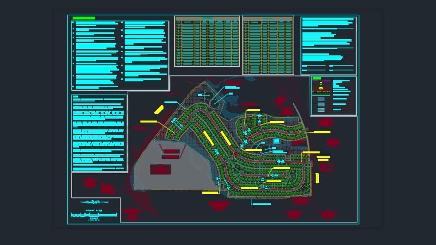 A detailed technical blueprint featuring a site layout plan with colorful lines and markings, numbered grids, and text boxes. Incorporating terrain considerations, the layout includes pathways, plots, and annotations, suggesting a planned architectural or engineering development project design.