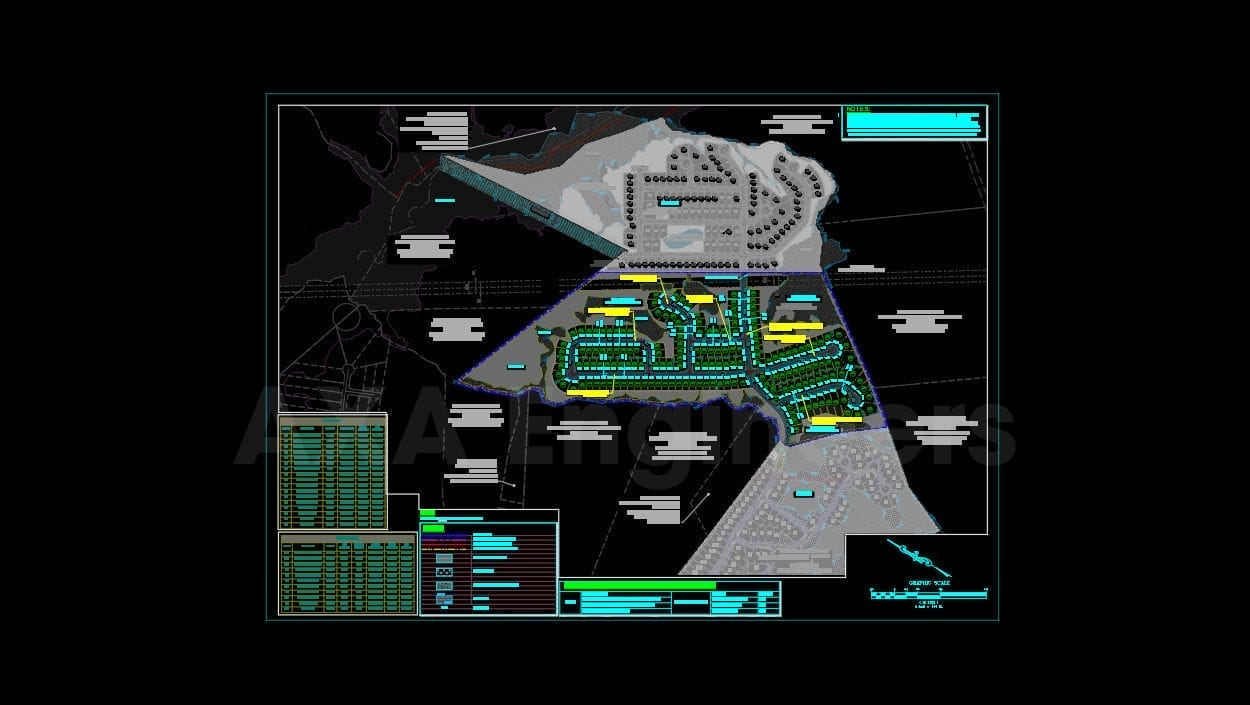 Civil Engineering Outsourcing A dark-themed architectural blueprint, ideal for outsourcing in civil engineering, features a comprehensive layout of a housing development. Different sections are accented in blue, green, and yellow with detailed annotations. Roads and legends are seamlessly integrated into the design, while text and numerical data are neatly aligned on the sides.