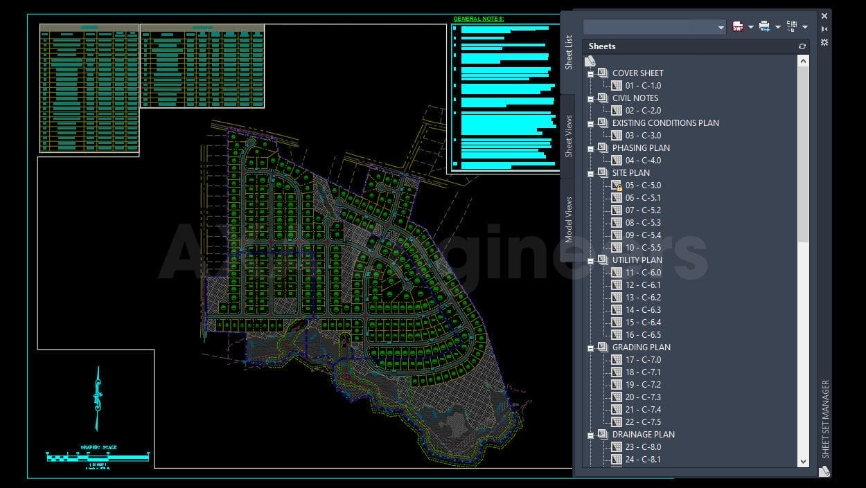Civil Engineering Outsourcing A computer-aided design (CAD) blueprint of a residential layout showcases a network of streets and plot outlines. Enhanced by civil engineering outsourcing, the right panel displays labeled sheets, highlighting various design plans and layouts within the software interface.