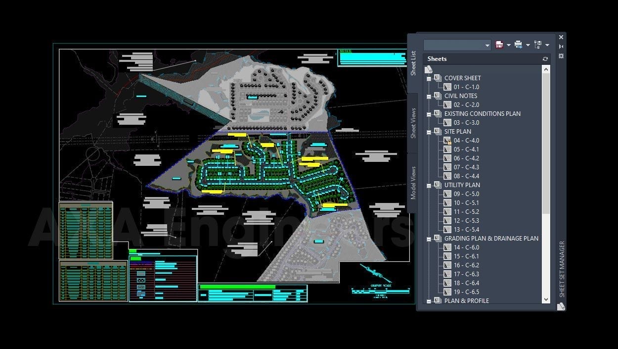 Civil Engineering Outsourcing A computer-aided design (CAD) interface showcases a comprehensive development plan layout, specifically designed for outsourcing in civil engineering. It includes labeled sections, an array of tools, and a list of sheet names and codes on the right side.