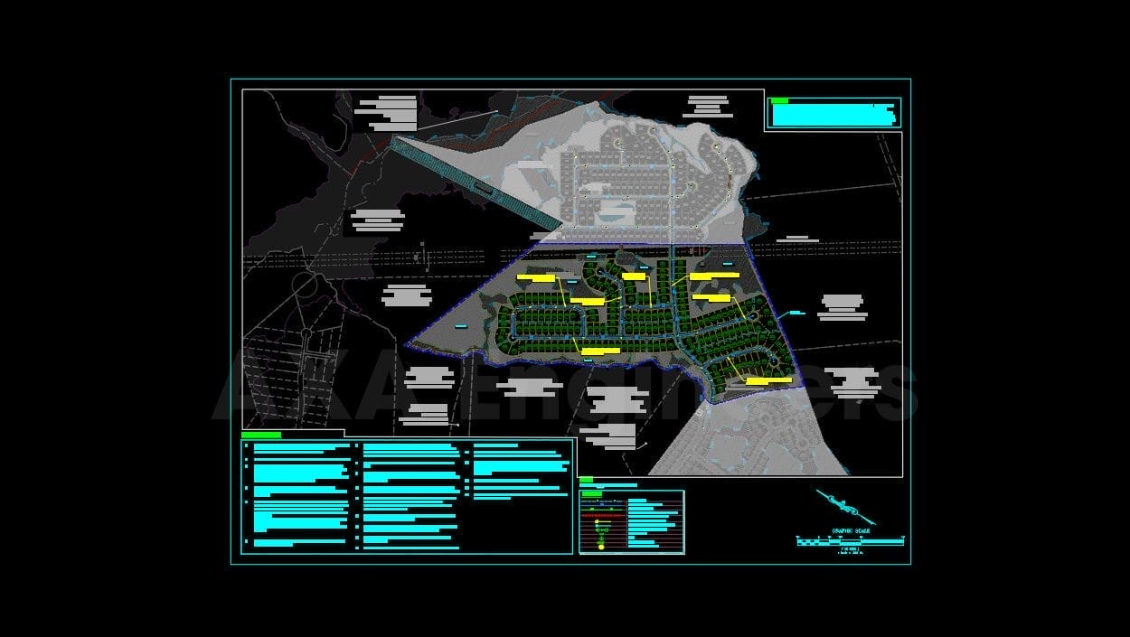 Civil Engineering Outsourcing A blueprint design illustrating a residential layout complete with streets, housing plots, and highlighted pathways is presented. Marked with grid lines and colored annotations on a black background, this meticulous plan exemplifies the precision achieved through civil engineering outsourcing, as demonstrated by its detailed legend.