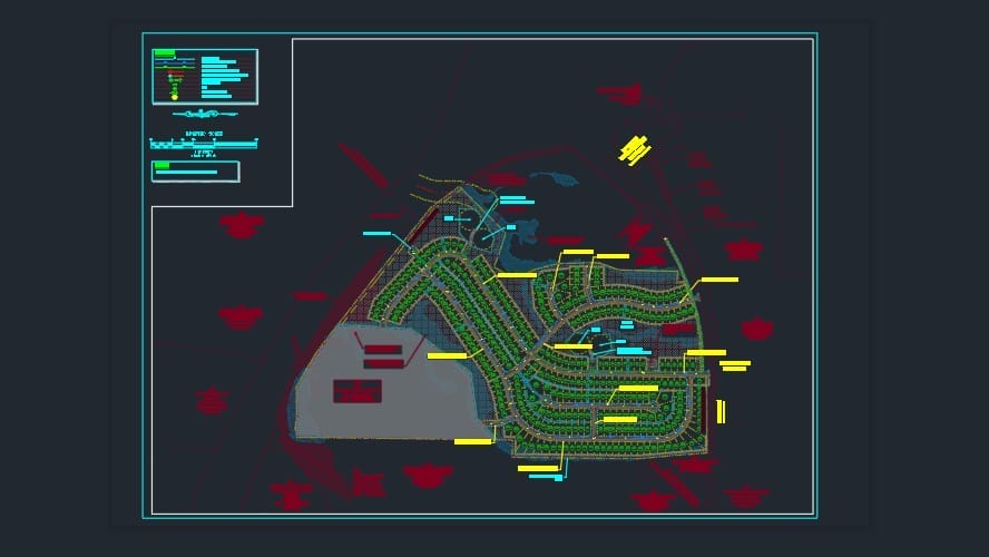 An architectural site plan with vibrant lines and labels on a dark background highlights both development and terrain. The design includes green, blue, and yellow elements, depicting roads, parcels, and other features. Theres a legend detailing in the top left corner.
