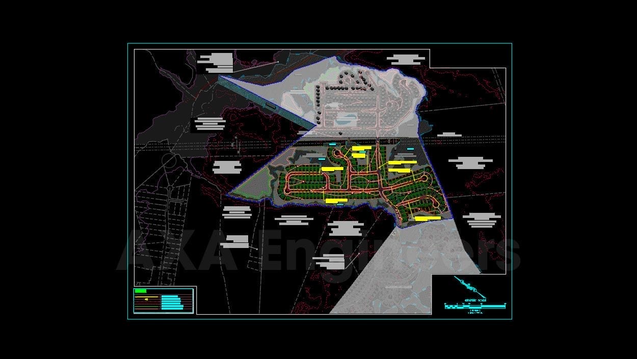 Civil Engineering Outsourcing A comprehensive engineering site plan featuring vibrant outlines and labels highlights the precision of civil engineering outsourcing. This map incorporates roads, plots, and contour lines with shaded areas, while text and diagrams are strategically placed around the plan layout, all presented against a dark background.