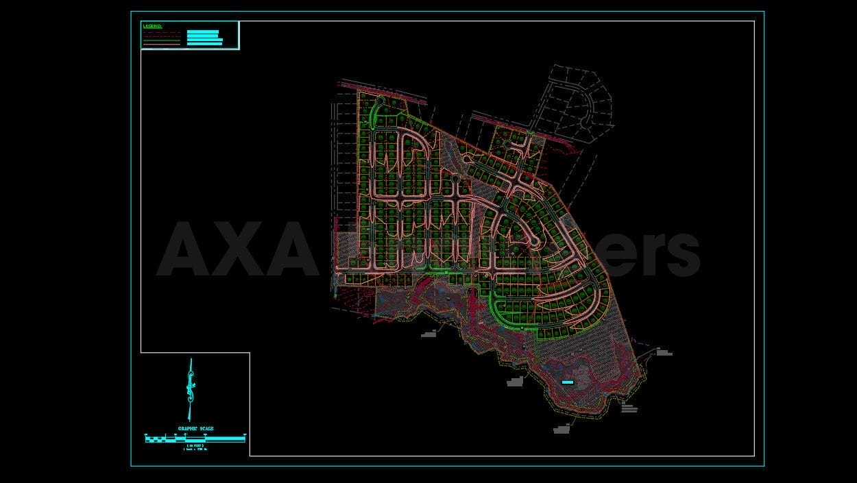 Civil Engineering Outsourcing Architectural CAD drawing of a residential layout showcasing winding roads, green spaces, and various plots. By incorporating expertise in outsourcing civil engineering services, a small map in the bottom left corner provides further context. The layout is intricately detailed against a dark background.
