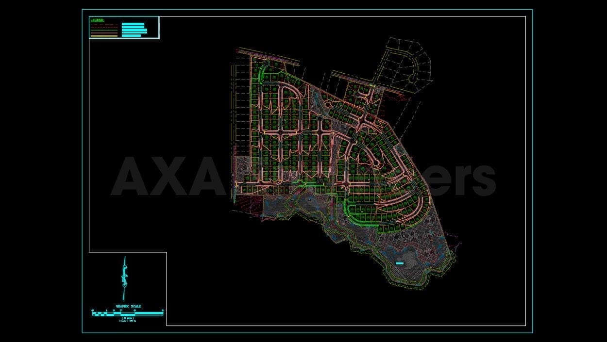 Civil Engineering Outsourcing The technical blueprint of a residential layout features outlined streets and plots in various colors. In the top left corner, there is a legend, while at the bottom left, a scaled diagram can be found. The black background prominently displays AXA Engineers Developers, highlighting their expertise in civil engineering outsourcing.