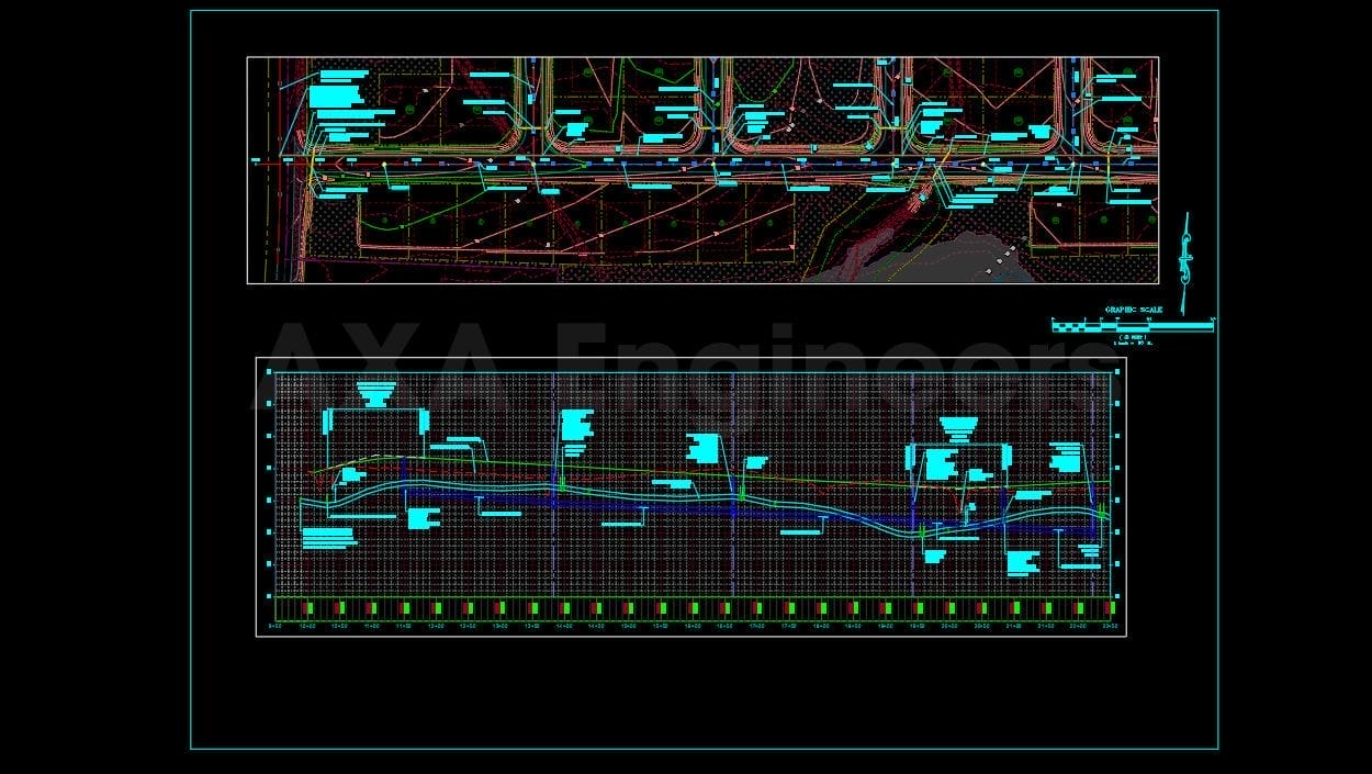 Civil Engineering Outsourcing A blueprint-style diagram displays technical drawings featuring detailed lines and measurements in blue and green against a black background. Ideal for outsourcing in civil engineering, it includes two primary sections with numerous annotations and scales.