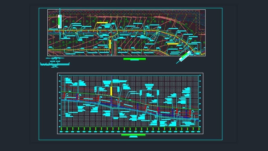 A technical blueprint with blue, green, and red lines over a dark background showcases detailed architectural or engineering schematics. It includes grid lines, annotations, and structural designs in two rectangular sections, subtly reflecting the terrains influence on mill stone development.