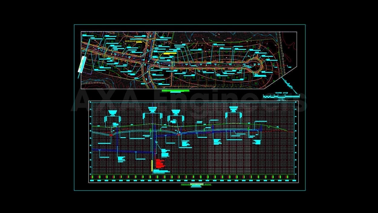 Civil Engineering Outsourcing Against a black background, a technical drawing featuring a complex engineering diagram with blueprints showcases interconnected lines, geometric shapes, and notations. This likely represents plans related to the outsourcing of civil engineering services.