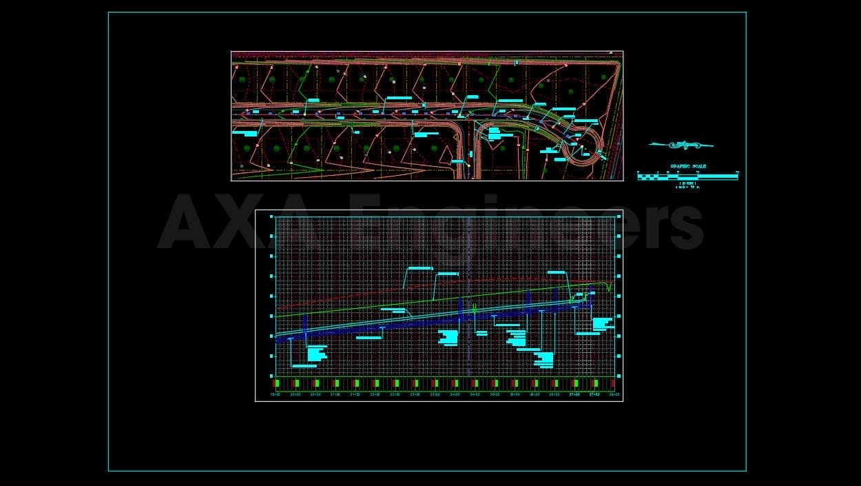 Civil Engineering Outsourcing Technical drawing showcasing a site plan abundant with lines, symbols, and notations. The top section illustrates a layout comprising paths and structures, while the bottom section presents a detailed grid complete with measurements and annotations—a precise blueprint ideally suited for projects involving the outsourcing of civil engineering tasks.